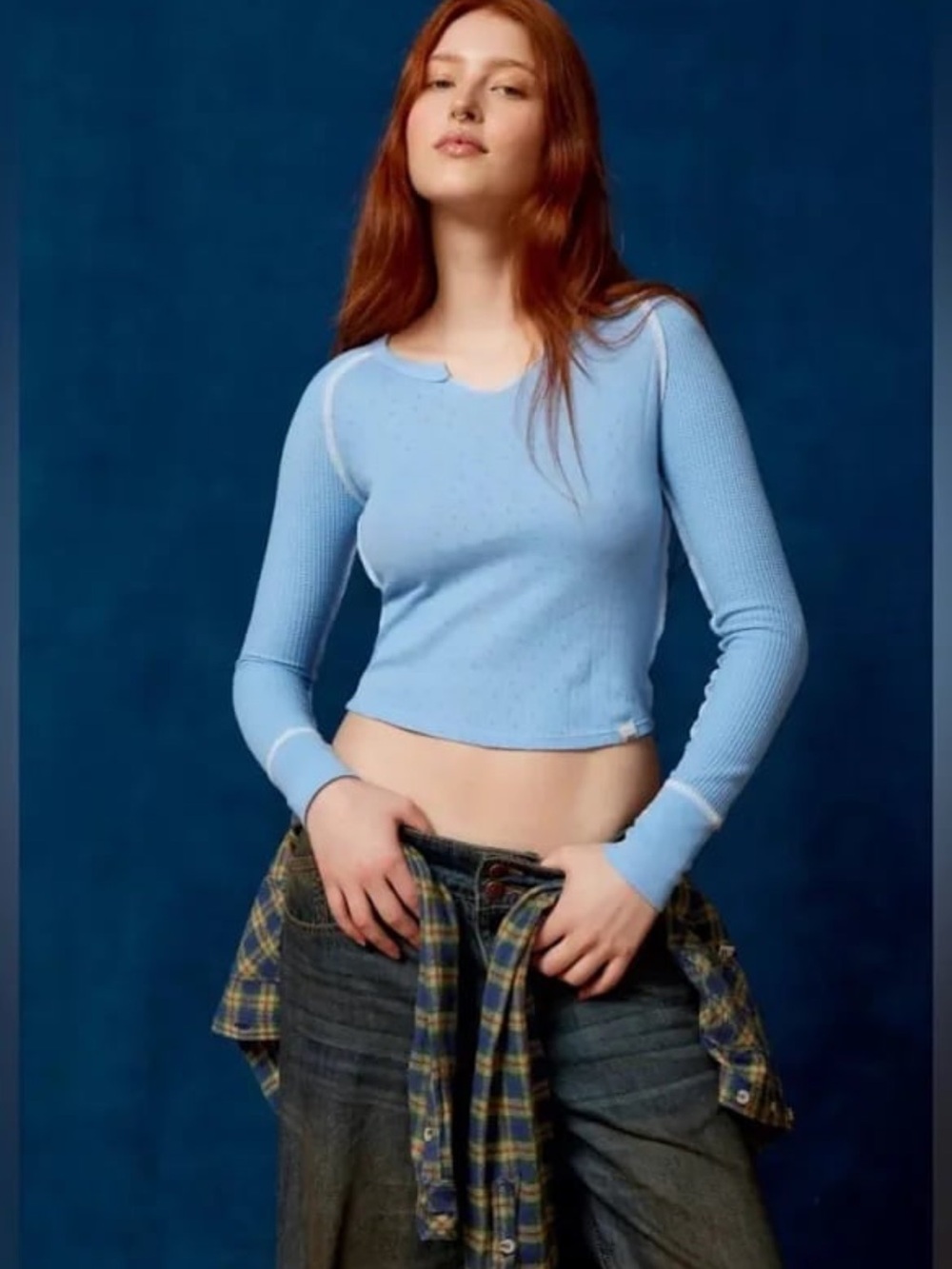 UO BDG Blue Long-Sleeve Ribbed Crop Top Large